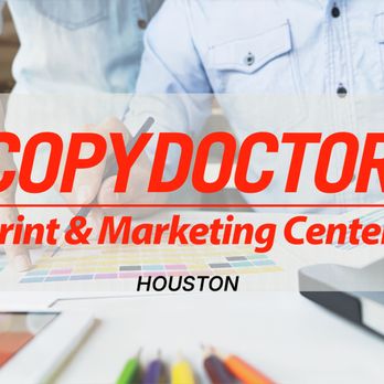 Copy Doctor - Copy Doctor logo with Print & Marketing tagline. Background image of a couple of printing experts validating color palette - Printing Services Near Me - Houston, Texas Copy Doctor - Copy Doctor logo with Print & Marketing tagline. Background image of a couple of printing experts validating color palette - Printing Services Near Me - Houston, Texas