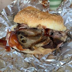 Juniors Smoked Bbq - OMG Burger, with brisket and pulled pork- should've bought four more.