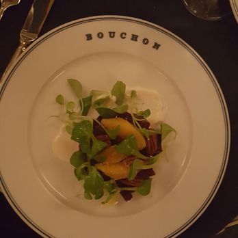 Bouchon - Beet salad over honey infused goat cheese - French Near Me - Las Vegas, Nevada Bouchon - Beet salad over honey infused goat cheese - French Near Me - Las Vegas, Nevada