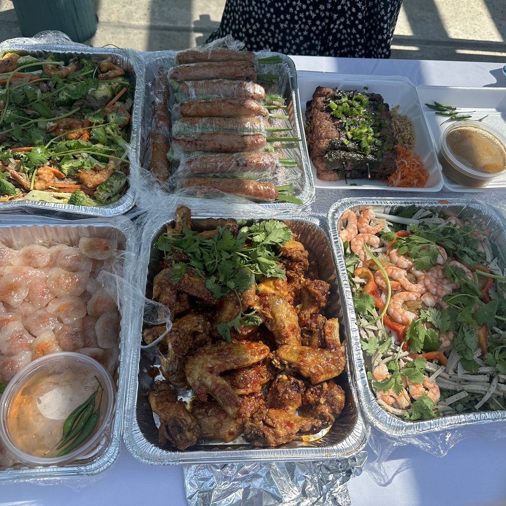 Lien Hue 3 - Top LR :garlic shrimp noodle, grilled pork rolls, Bo la lot. Bottom LR :Banh bot loc, fried chicken wing, goi ngo sen - Vietnamese Near Me - Westminster, California Lien Hue 3 - Top LR :garlic shrimp noodle, grilled pork rolls, Bo la lot. Bottom LR :Banh bot loc, fried chicken wing, goi ngo sen - Vietnamese Near Me - Westminster, California