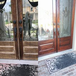 Jerry's Custom Refinishing - Before and after of weather damaged doors refinished by Jerry's Custom Refinishing