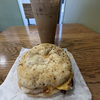 Your Moms Coffee & Cafe - Bagel sandwich with bacon, pepper jack cheese, egg and chipotle sauce. - Cafes Near Me - Malad City, Idaho Your Moms Coffee & Cafe - Bagel sandwich with bacon, pepper jack cheese, egg and chipotle sauce. - Cafes Near Me - Malad City, Idaho