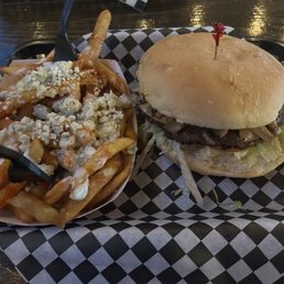 Mushroom Swiss burger buffalo fries