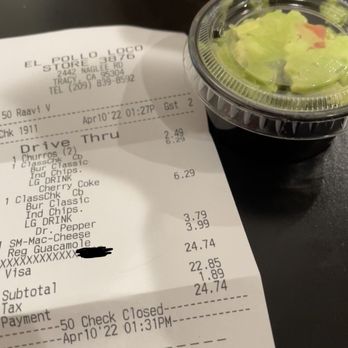 El Pollo Loco - Receipt and Regular Guacamole - Fast Food Near Me - Tracy, California El Pollo Loco - Receipt and Regular Guacamole - Fast Food Near Me - Tracy, California