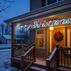 Holidynamics - Merry Christmas Sign
A colorful Merry Christmas sign adds bold neonflex cheer to a cozy porch dressed for the season.