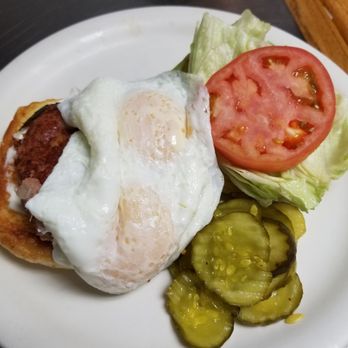 Liliha Bakery - Over easy eggs on corned beef hash sandwich, bakery fresh bun. - Bakeries Near Me - Honolulu, Hawaii