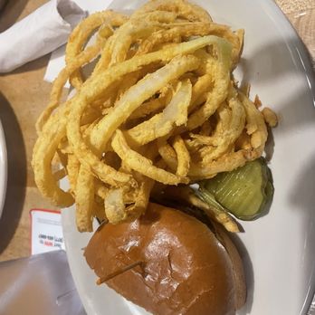 Mr Bartley's Burger Cottage - Burger with pickles, tomato, and onions with onion rings - Burgers Near Me - Cambridge, Massachusetts Mr Bartley's Burger Cottage - Burger with pickles, tomato, and onions with onion rings - Burgers Near Me - Cambridge, Massachusetts