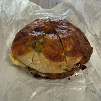 Shirley's Bagels - Jalapeño and cheese with egg and sausage - Bagels Near Me - Costa Mesa, California