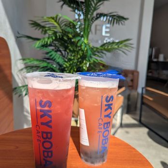 Sky Boba Cafe - Watermelon green tea and Guava green tea, both with boba. - Bubble Tea Near Me - Torrance, California Sky Boba Cafe - Watermelon green tea and Guava green tea, both with boba. - Bubble Tea Near Me - Torrance, California