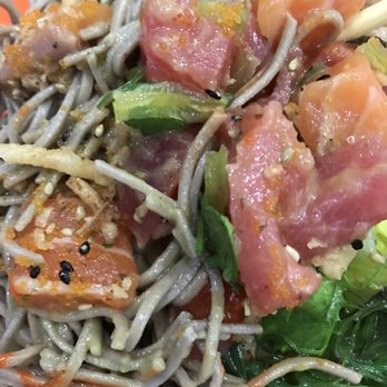 Pokestuf - Salmon, ahi and soba noodles tossed in ponzu and yuzu. So creamy! - Hawaiian Near Me - Alhambra, California
