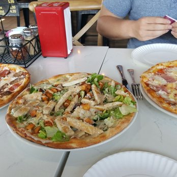 Roman's Pizza House - Hungry Dog pizza (meatball, bacon, sausage, pepperoni), Chicken Caesar Salad pizza, and Hawaiian - Pizza Near Me - Absecon, New Jersey Roman's Pizza House - Hungry Dog pizza (meatball, bacon, sausage, pepperoni), Chicken Caesar Salad pizza, and Hawaiian - Pizza Near Me - Absecon, New Jersey