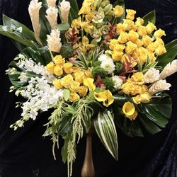 Spring Flowers & Gifts - Yellow roses, yellow rose, white ginger, greens, cymbidium orchid, orchids, tulip, tulips