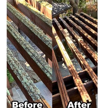 Prime Shine Pro Wash - Moss removal on wooden awning in Pacific Grove CA. - Window Washing Near Me