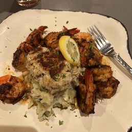 Blackens shrimp, feta mashed potatoes and an Crabcake
