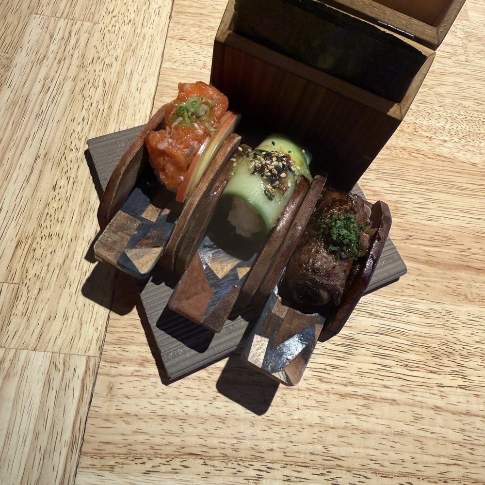 Salmon, Cucumber, & Wagyu A5 Miyazaki Beef hand rolls Salmon, Cucumber, & Wagyu A5 Miyazaki Beef hand rolls