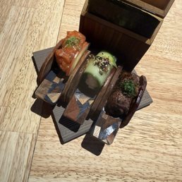 Salmon, Cucumber, & Wagyu A5 Miyazaki Beef hand rolls Salmon, Cucumber, & Wagyu A5 Miyazaki Beef hand rolls