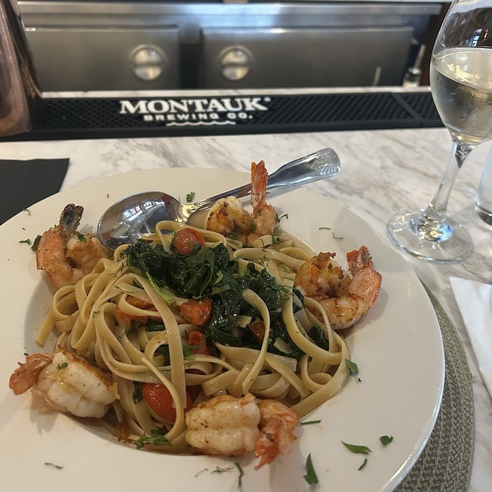 Nick's Pizza - Fettuccine shrimp primavera and a glass of happy hour house white wine at the bar - Italian Near Me - New York, New York Nick's Pizza - Fettuccine shrimp primavera and a glass of happy hour house white wine at the bar - Italian Near Me - New York, New York