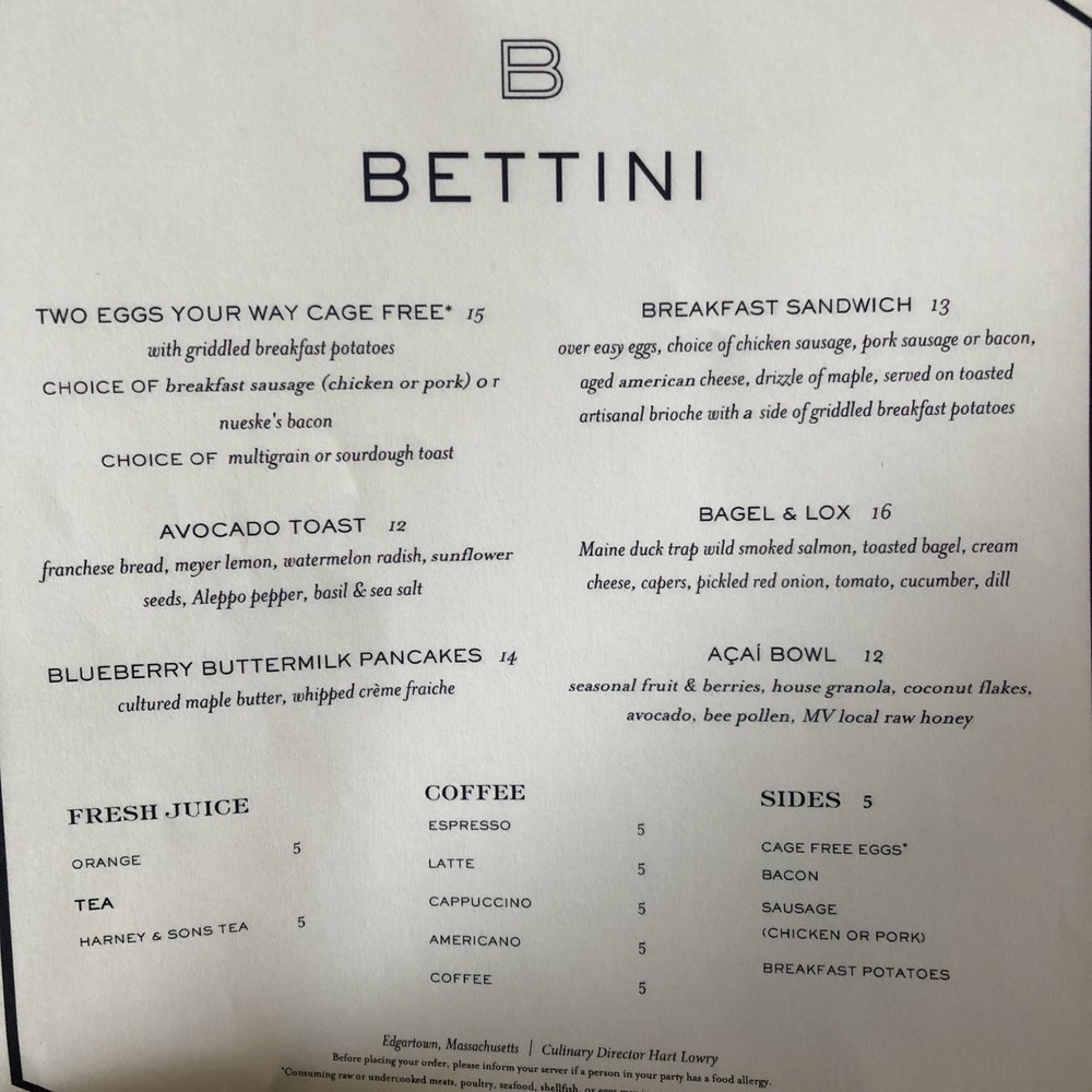 Bettini Restaurant - Menu - New American Near Me - Edgartown, Massachusetts