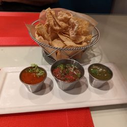 Lindo Valle Mexican Grill - Complimentary chips and chicharrones with 3 types of salsa.
