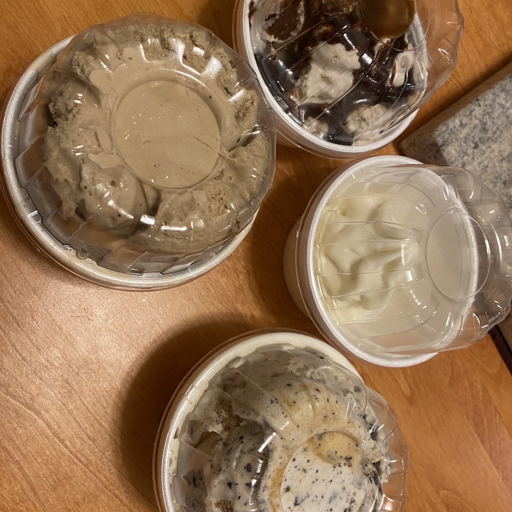 Size small take out ice cream piled to the top of the lid (and a dog ice cream) Size small take out ice cream piled to the top of the lid (and a dog ice cream)