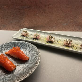 Crave Sushi Bar - Salmon Roe Dressed Nigiri and Montauk Sea Bream Dressed Sashimi with charred eggplant. - Japanese Near Me - New York, New York Crave Sushi Bar - Salmon Roe Dressed Nigiri and Montauk Sea Bream Dressed Sashimi with charred eggplant. - Japanese Near Me - New York, New York