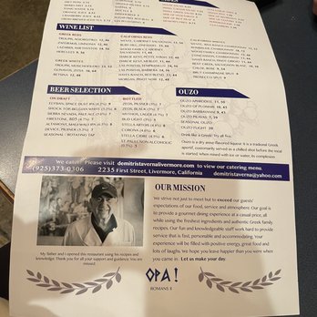 Demitris Taverna - Menu and a little history on the place - Greek Near Me - Livermore, California