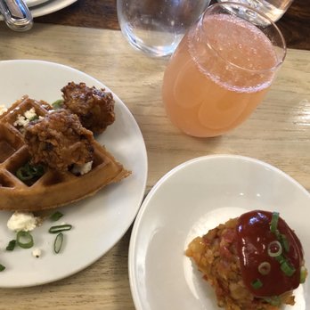 Cava Mezze - Olney - Chicken and Waffles / (the House) Hash browns / grapefruit mimosa - Mediterranean Near Me - Olney, Maryland