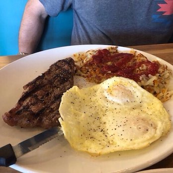 Broken Yolk Cafe - NY Steak & Eggs. Biscuits not shown. - Breakfast & Brunch Near Me - Costa Mesa, California