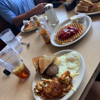 Peacock's Restaurant - 2 egg Breakfast and strawberry waffle - Comfort Food Near Me - Stephenville, Texas