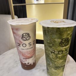 Strawberry Cloud Ice Blended with boba on the left, Matcha Marble on the right Strawberry Cloud Ice Blended with boba on the left, Matcha Marble on the right