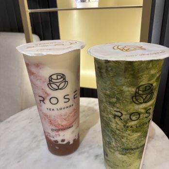 Rose Tea Lounge - Cupertino - Strawberry Cloud Ice Blended with boba on the left, Matcha Marble on the right - Bubble Tea Near Me - Cupertino, California Rose Tea Lounge - Cupertino - Strawberry Cloud Ice Blended with boba on the left, Matcha Marble on the right - Bubble Tea Near Me - Cupertino, California