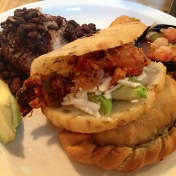 Valencia Cocina - The Works; Carlo arepa, Cubano empanada, ceviche, plantain, rice & bean.  YUM!! - Latin American Near Me - Norwalk, Connecticut