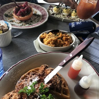 The Whale Chicago - Chicken & Waffles, mac and cheese, Half Ruby Grapefruit, and bloody mary - New American Near Me - Chicago, Illinois The Whale Chicago - Chicken & Waffles, mac and cheese, Half Ruby Grapefruit, and bloody mary - New American Near Me - Chicago, Illinois