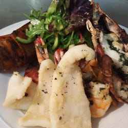 Wilson's On The River - The Coronation Grill : Moreton Bay bugs, BBQ prawns kebab, fried calamari & grilled Barra served with House Fries and lemon beurre blanc