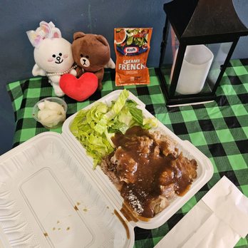 Penny's Drive In - Small Roast Pork Plate with rice, green salad, and French dressing... and pickled onions - Hawaiian Near Me - Honolulu, Hawaii