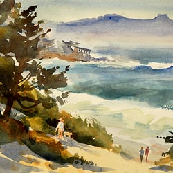 Nancy Dodds Gallery - Carmel Beach- Watercolor by Alicia Meheen