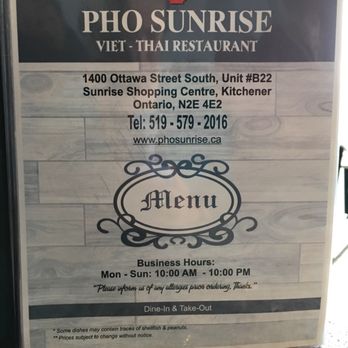 Pho Sunrise - First page of the menu details! - Vietnamese Near Me - Kitchener, Ontario