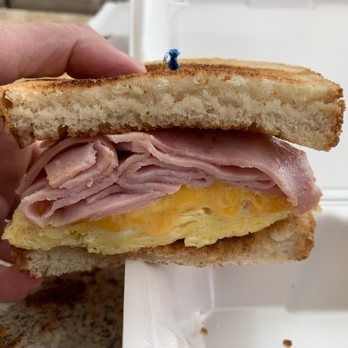Sugar Rush Cafe - sunrise sandwich: scrambled eggs, ham, melted cheese on toasted sourdough bread with hash browns = $10.75 - Breakfast & Brunch Near Me - Walnut, California