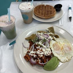 Red Chilaquiles Classic Belgian Waffle strawberry Matcha Latte rose latte Red Chilaquiles Classic Belgian Waffle strawberry Matcha Latte rose latte