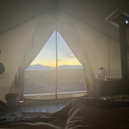 Looking out of tent in the morning from bed