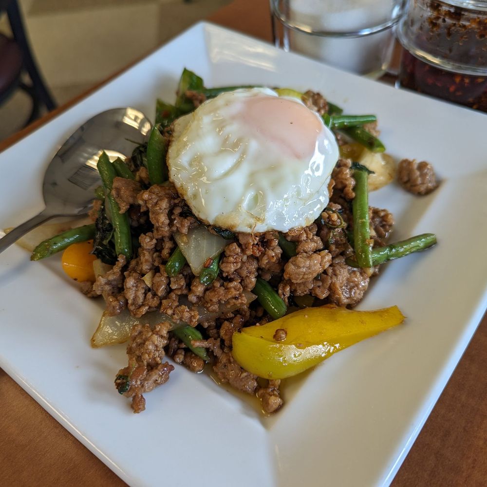 Malai Thai Kitchen - Holy Basil Stir Fried with Ground Pork.  Vegetables are fresh and crunchy, best you choose beef or chicken instead. 3.5.24 - Thai Near Me - Wahiawa, Hawaii