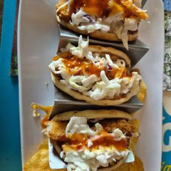 Bells Resort Bar & Grill - Shrimp Naan tacos. Potato chips not corn chips.