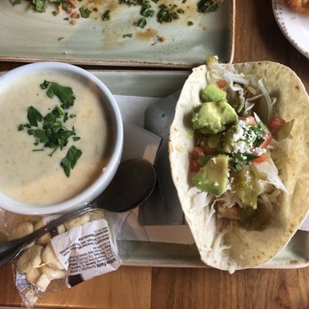 Bluewater Grill Seafood Restaurant & Market Carlsbad - Lunch special "Chowder or Salad, and Taco or  1/2 Sandwich" - very small portions and the chowder had a thick skin on it - Seafood Near Me - Carlsbad, California