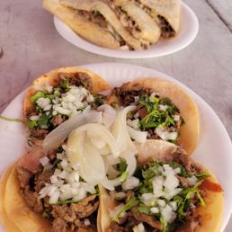 Asada quesodilla and Asada Tacos with onions and cilantro. Asada quesodilla and Asada Tacos with onions and cilantro.