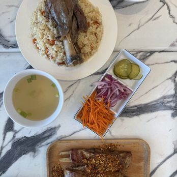 M Joy - Q2 Lamb Shank combo with lamb soup and side dishes; Grill ribs - Fast Food Near Me - Anaheim, California M Joy - Q2 Lamb Shank combo with lamb soup and side dishes; Grill ribs - Fast Food Near Me - Anaheim, California