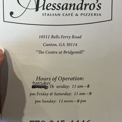 Alessandro's Italian Cafe & Pizzeria - Menu hours