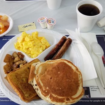 St Barnabas - My choices, pork sausage, cheesy eggs, diced potatoes, 1 chocolate chip pancake and French toast, fruit cup and coffee. Hot and delicious - Churches Near Me - Eastpointe, Michigan