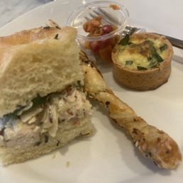 Sandwich, breadstick, mini quiche, salad