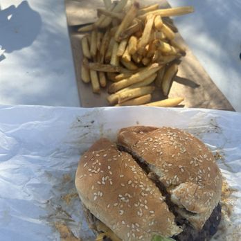 Frosty Burger - Mt Bacon Cheeseburger (I requested it to be cut in half, I was sharing it with someone who was with me) - Ice Cream & Frozen Yogurt Near Me - Pine Valley, California