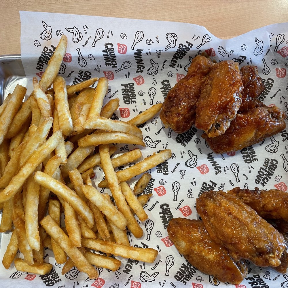 Bonchon - 8 Piece combo with fries, spicy (top) and soy garlic wings. - Korean Near Me - Artesia, California